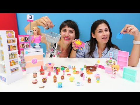 Ayşe ve Ümit! Shopkins Mini market VS Barbie Süper market! Kızlar için evcilik oyunları