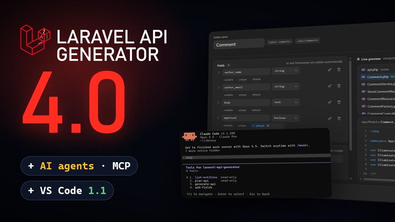 Laravel API Generator 4.0 in two minutes: the MCP server for AI agents, the generated code and the extension 1.1