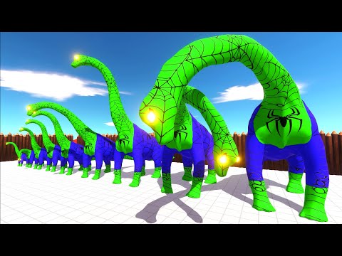 DEATH RUN vs DIFFERENT SIZE GREEN SPIDERMAN BRACHIOSAURUS - Animal Revolt Battle Simulator