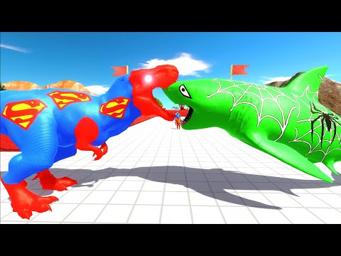 SUPERMAN T-REX vs GREEN SPIDERMAN MEGALODON - Animal Revolt Battle Simulator