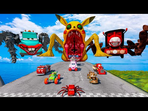 ALL MONSTERS Big & Small Cars with SEA EATER PIKACHU & SPIDER TOWMATER – THOMAS MONTERBeamNG.Drive
