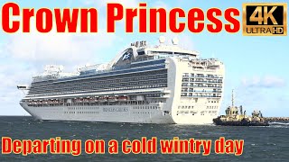 Crown Princess departs on a blustery cold wt winter's day from Adelaide.