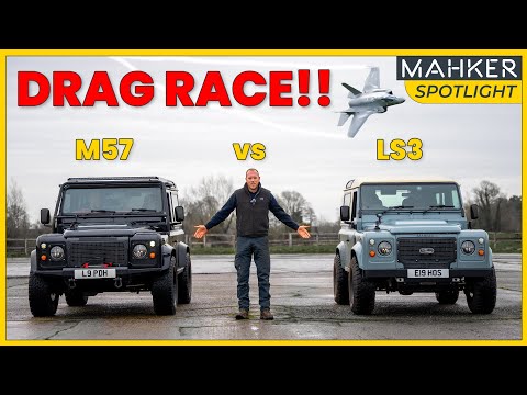 Thumbnail for Chevy LS3 vs BMW 330d M57 Defender DRAG RACE who will win? || Mahker Spotlight by Land Rover