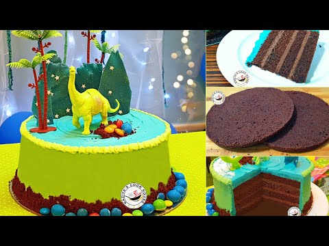 How to decorate birthday cake| Eggless 4-layer Chocolate Cake| Dinosaur Theme Cake | Frosting a Cake