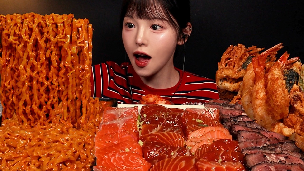 SUB)꾸덕한 까르보불닭이 땡기는 날!🔥사케동 연어장 스테이크덮밥 먹방 바삭한 튀김까지 쌓아서 먹을게?