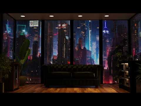 Spend the night in a luxury apartment view to a cyberpunk city, listening to the Rain | 4K | ASMR