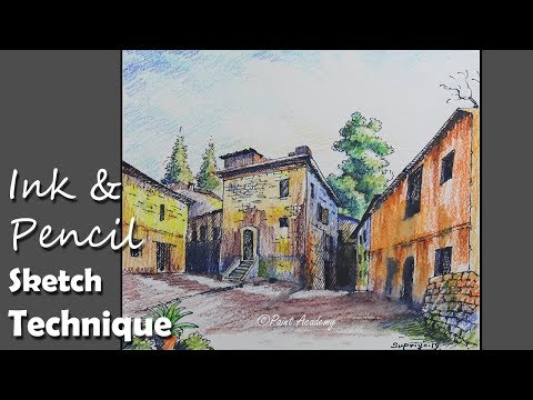 Mountains and Pine Tress Watercolor Pencil Landscape Drawing | steps to follow