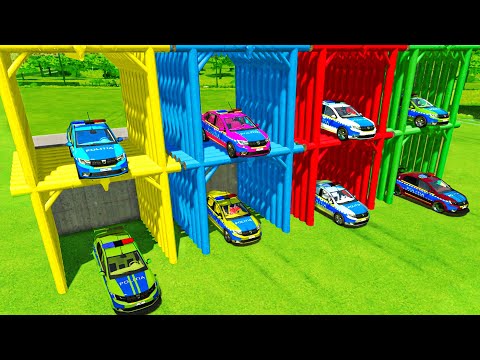 GARAGE OF COLORS ! TRANSPORTING COLORED DACIA LOGAN POLICE CARS WITH TRUCK - Farming Simulator 22