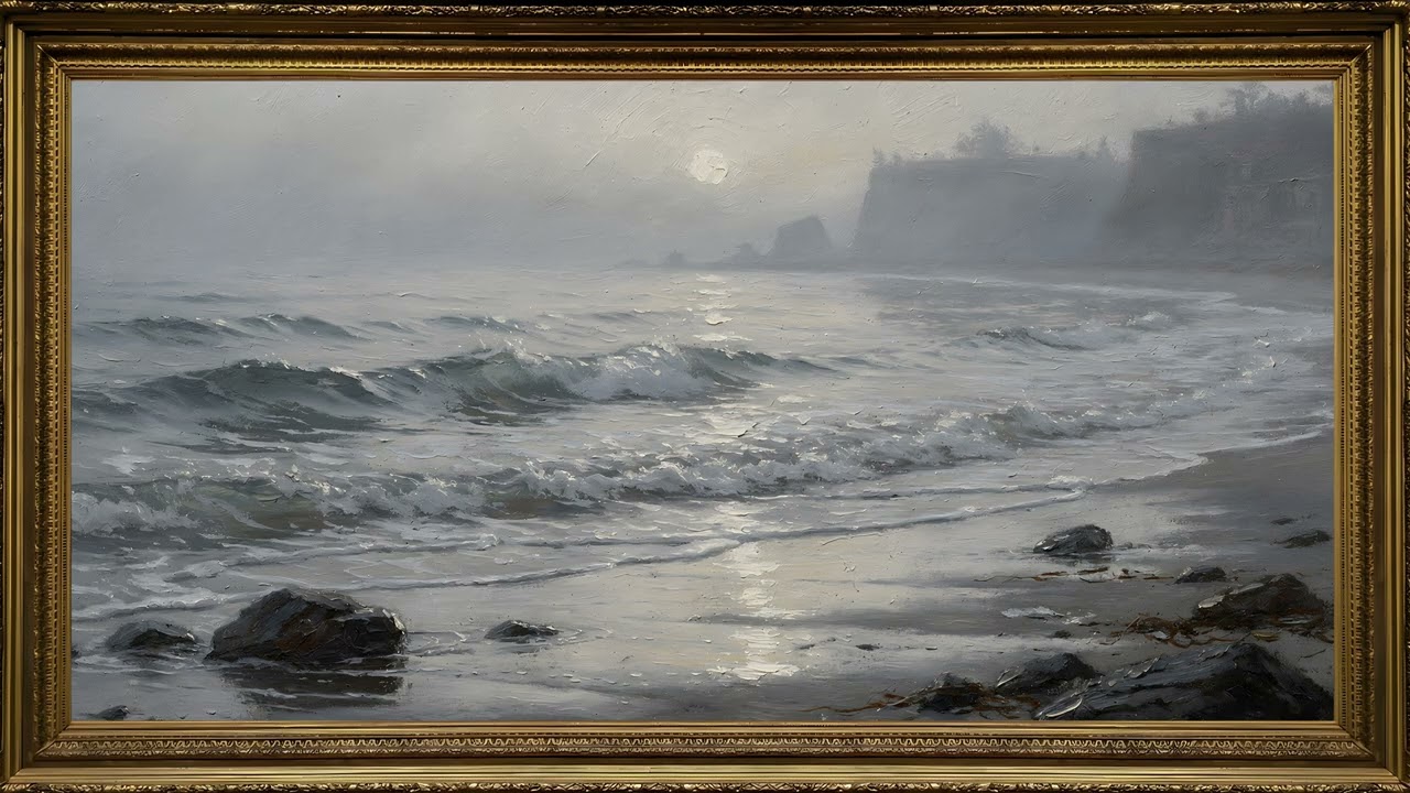 Foggy Shoreline Oil Painting 🌊 4K Frame TV Art 2 Hours | Moody Coastal Calm in Gold Frame — 4K ambient art screensaver in baroque gold frame