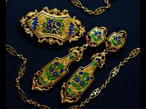 アンティークジュエリー　エナメル　パリュール　ピアス　ブローチ　1830年頃