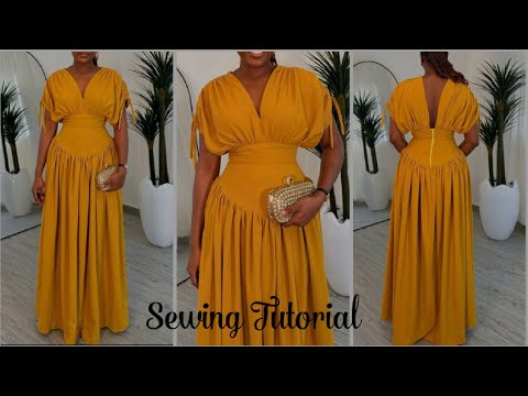How To Cut And Sew A Dress With Shoulder Drawstring And Basque Waistline || Ruched Shoulder Dress