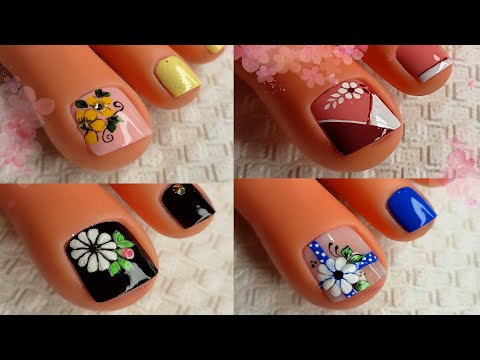 4 diseños de UÑAS con FLORES FÁCILES y BONITOS/DISEÑOS DE UÑAS PARA PIES  😍💅🦶🏼🌸🌸🌸🌸