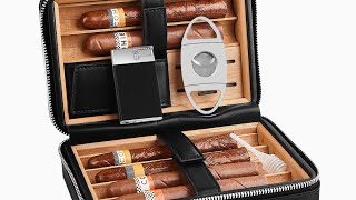 Cedar Wood Portable Leather Cigar Travel Humidor with Humidifier, lighter,and Cutter