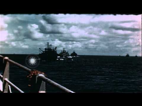 US Marines go aboard AP (transport) during invasion of Saipan at Eniwetok, Marsha...HD Stock Footage