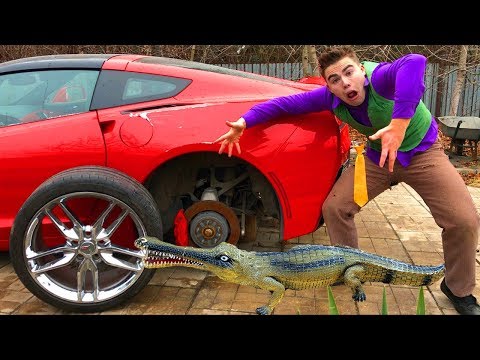 Crocodile ATTACKED Wheels Car VS Mr. Joe on Corvette without Wheels in Tire Service for Kids Video