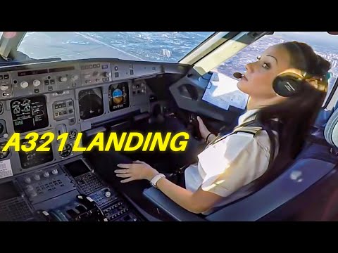 Beautiful Female Pilot Landing Airbus A321 Cockpit View