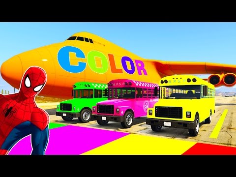 School Bus COLOR CARS in Spiderman Cartoon with Colors for Kids Big Plane w Children Nursery Rhymes