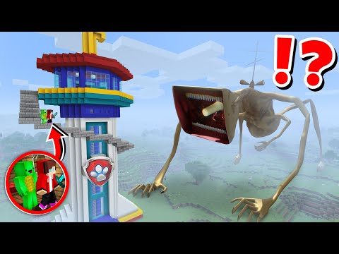 JJ and Mikey BIGGEST Paw Patrol Tower vs MEGA HORN HEAD! BUILD CHALLENGE in Minecraft / Maizen