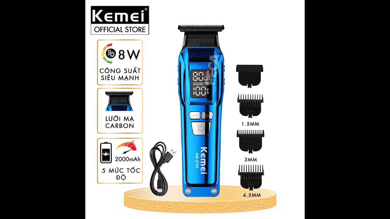 Tông đơ chấn viền Kemei KM-2795 lưỡi cắt mạ carbon DLC cao cấp công suất mạnh mẽ 8W sạc nhanh USB pin lâu - Chính hãng