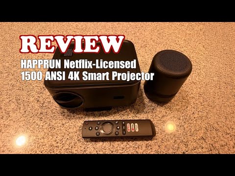 1500 ANSI lumens built-in streaming app full HD smart projector, HAPPRUN 4K projector, supports Wi-Fi and Bluetooth, Dolby audio, 300-inch large screen, suitable for home, outdoor, and indoor viewing video review thumbnail