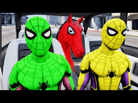 PRO 5 SPIDER-MAN TEAM Surprise Horse With Dancing In Car Ride Chase | Dance Party Spiderman Game