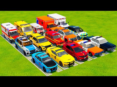 TRANSPORTING EMERGENCY CARS, AMBULANCE & FIRE ENGINES WITH  TRUCKS & TRAIN! Farming Simulator 22