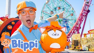 Ride the Halloween Pumpkin Rollercoaster with Blippi! 🎢🎃 How Fast Does It Go?!