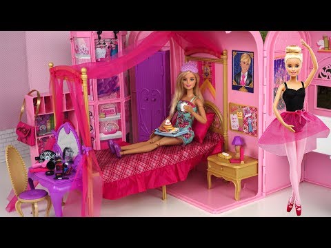 Barbie Pink Bedroom Bath Morning Routine - Princess Doll Dancing Ballerina Play Set