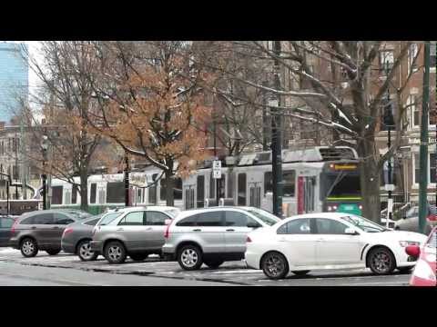 Boston Light Rail (tram) in the Snow and at Heath Street