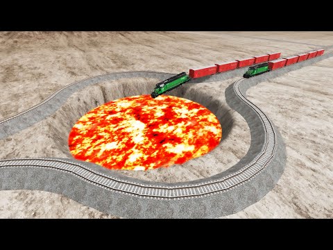 Impossible Weird Wave Rail Tracks Vs Trains Crossing Giant Lava - BeamNG.Drive