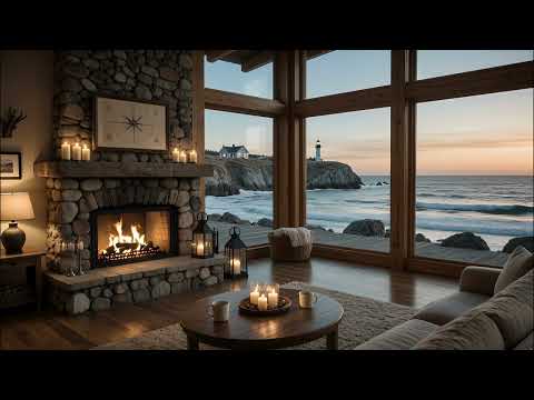 Cozy Coastal Cabin Fireplace 🔥🌊 | Gentle Waves and Crackling Fire Ambience by the Sea