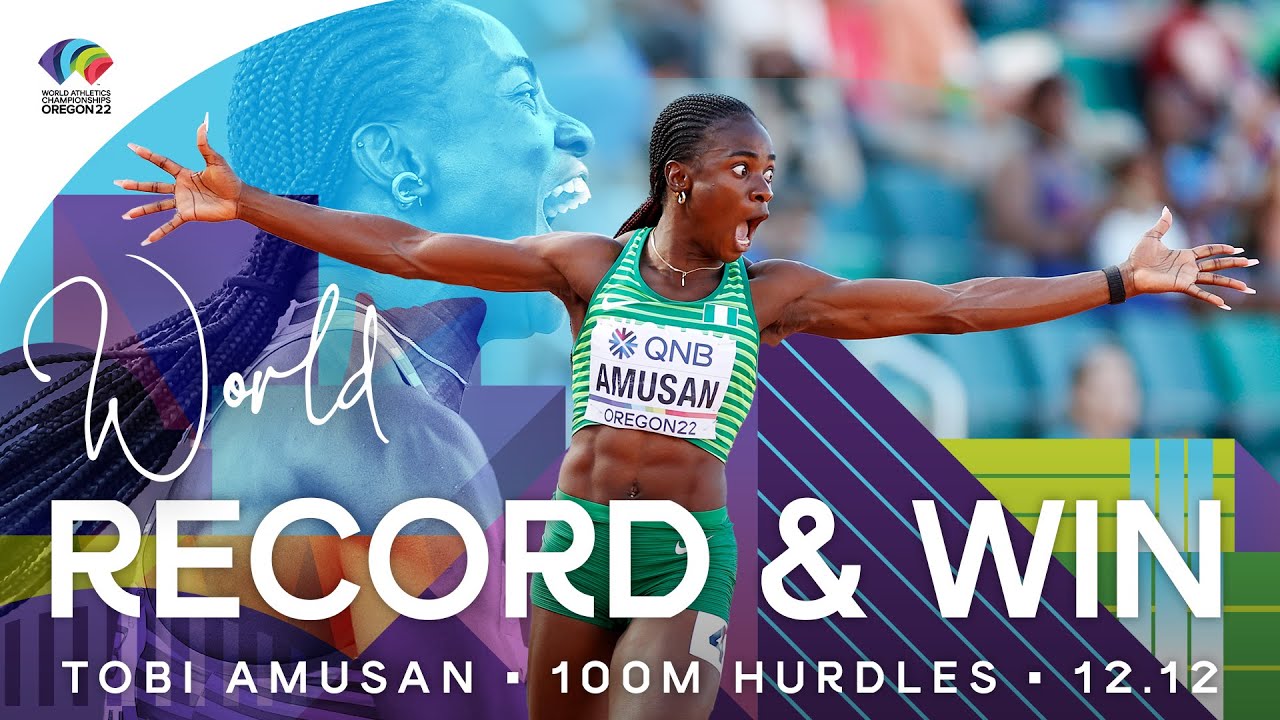 Tobi Amusan winning gold at the New Taipei event, crossing the finish line ahead of competitors with a meet-record time of 12