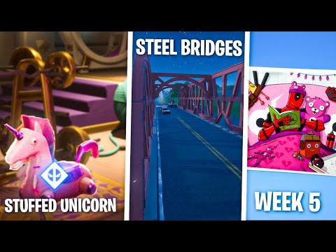 Fortnite - Find Deadpool’s Stuffed Unicorn & Visit the Steel Bridges Locations! (Week 5)