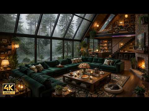 Peaceful Rainy Jazz 🌧️ Soft Background Music In Cozy Forest Villa | Relax Cafe Jazz to Work | 4K