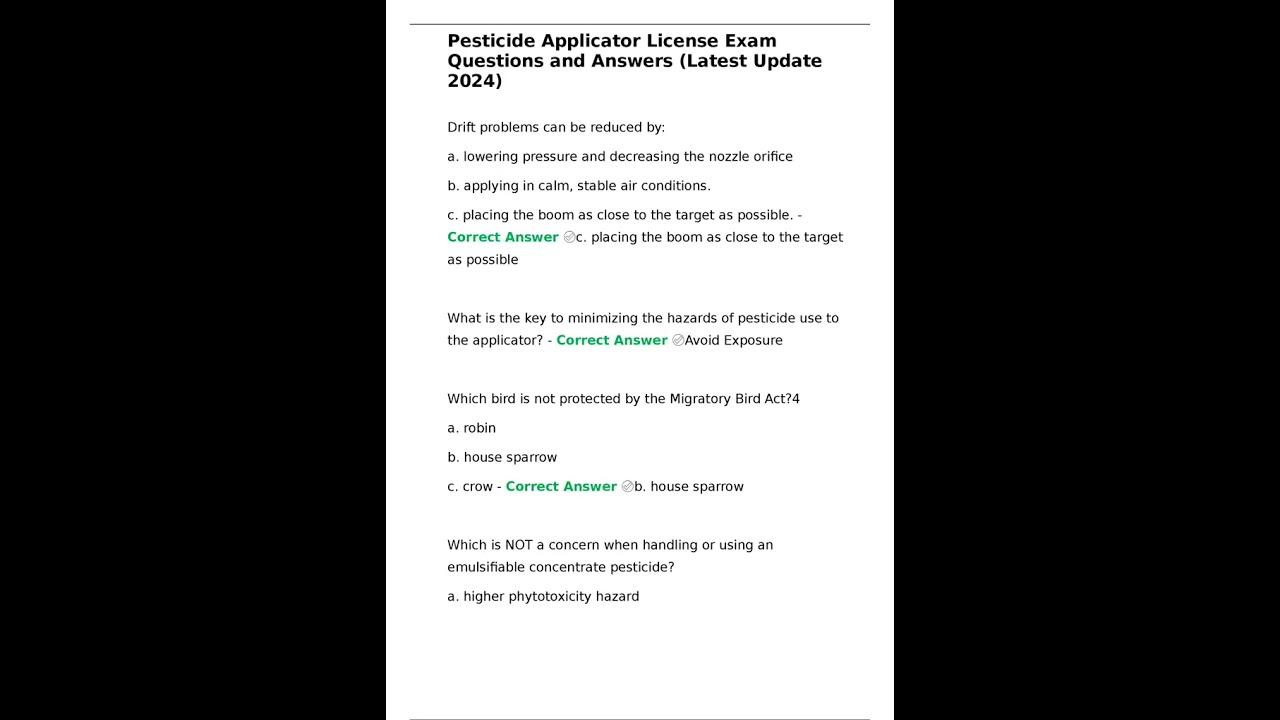 Pesticide Applicator License Exam Questions and Answers Latest Update 2024