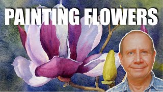 Painting flowers with watercolors. Step by step tutorial how to paint a magnolia flower. Watercolour