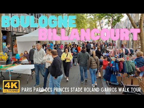 [4K] Boulogne-Billancourt, Paris suburb walk tour with Roland Garros and Saint-Germain stadiums