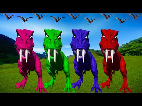 Rexy Color Pack vs Spinosaurus, Allosaurus, Indoraptor - Jurassic World Evolution Dinosaurs Fighting