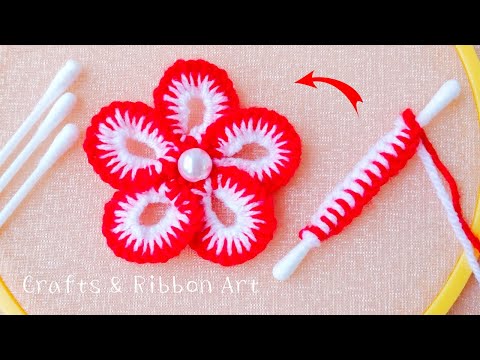 Super Easy Woolen Flower Craft Ideas with Cotton Bud - Hand Embroidery Amazing Trick - Sewing Hack