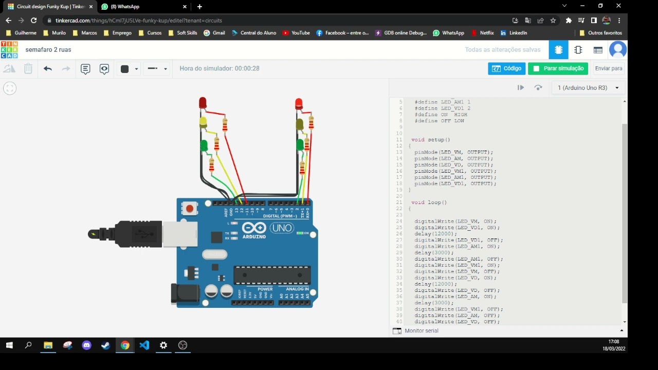 Semáforo de cruzamento de duas ruas com arduino feito em C