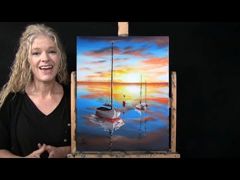 Learn How to Draw and Paint SUNRISE SAILBOATS with Acrylics-Paint and Sip at Home Seascape Art Video
