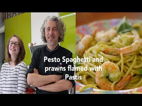 Pesto pasta and prawns flamed with Pastis | Recipe