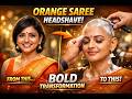 Orange Saree Short Hair Women Headshave Bold Transformation