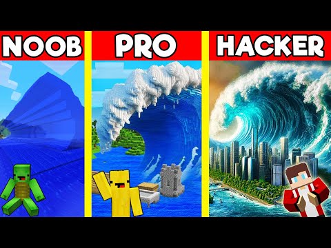 TSUNAMI House Build Battle In Minecraft - NOOB VS PRO CHALLENGE - Maizen Mizen Mazien Parody