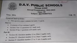 DAV Class 7 Maths Annual Yearly Question paper 2022-2023, DAV class 7 Mathematics question Paper.