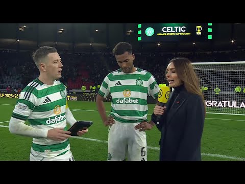 Celtic's Callum McGregor and Auston Trusty react to Premier Sports Cup Semi-Final win over Rangers