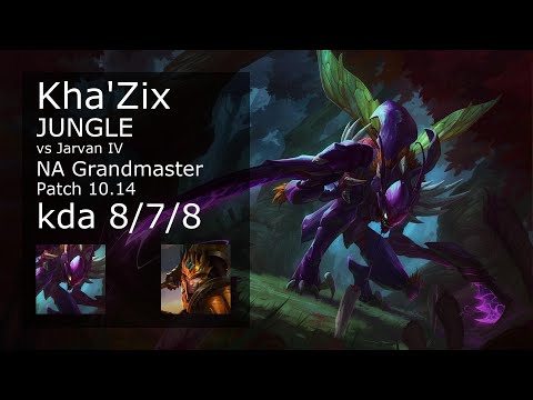 Kha'Zix Jungle vs Jarvan IV - NA Grandmaster 8/7/8 Patch 10.14 Gameplay