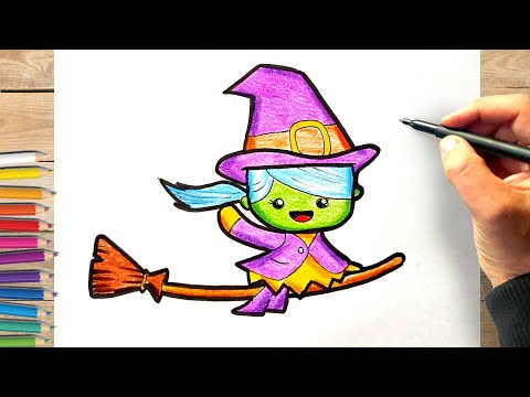 comment dessiner une sorcière kawaii sur son balai