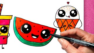 איך לצייר דברים חמודים אוכל קל - איך לצייר גלידה, אבטיח ומשקה ממש חמודים