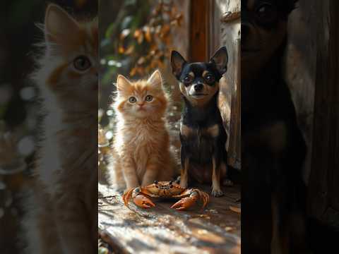 Kitten and Chihuahua found a crab. #shortsfeed #viralvideo #cat #dog #chihuahua #catlover #crab #pet